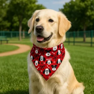 Golden retriever wearing red bandana in park