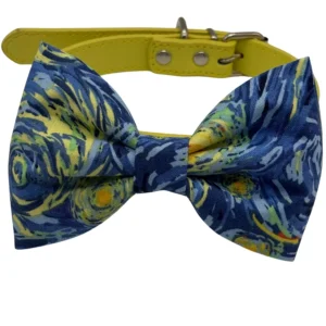 Colorful patterned bow tie and yellow collar.