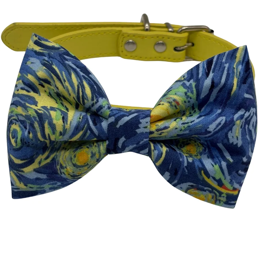 Colorful patterned bow tie and yellow collar.