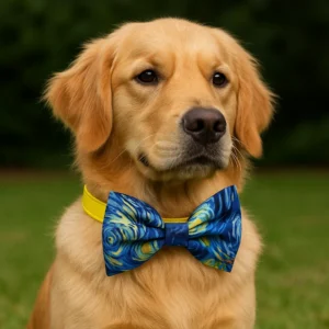 Golden retriever with blue bowtie in grass.
