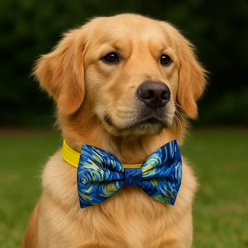 Golden retriever with blue bowtie in grass.