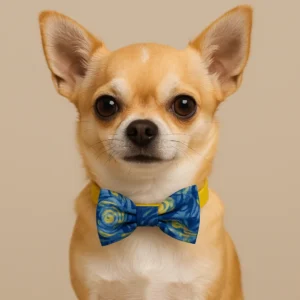 Chihuahua wearing starry bow tie, beige background.