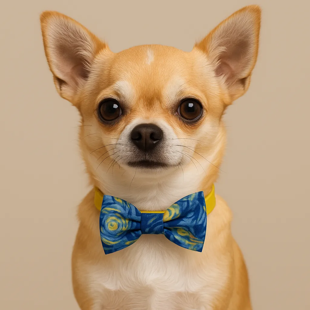 Chihuahua wearing starry bow tie, beige background.