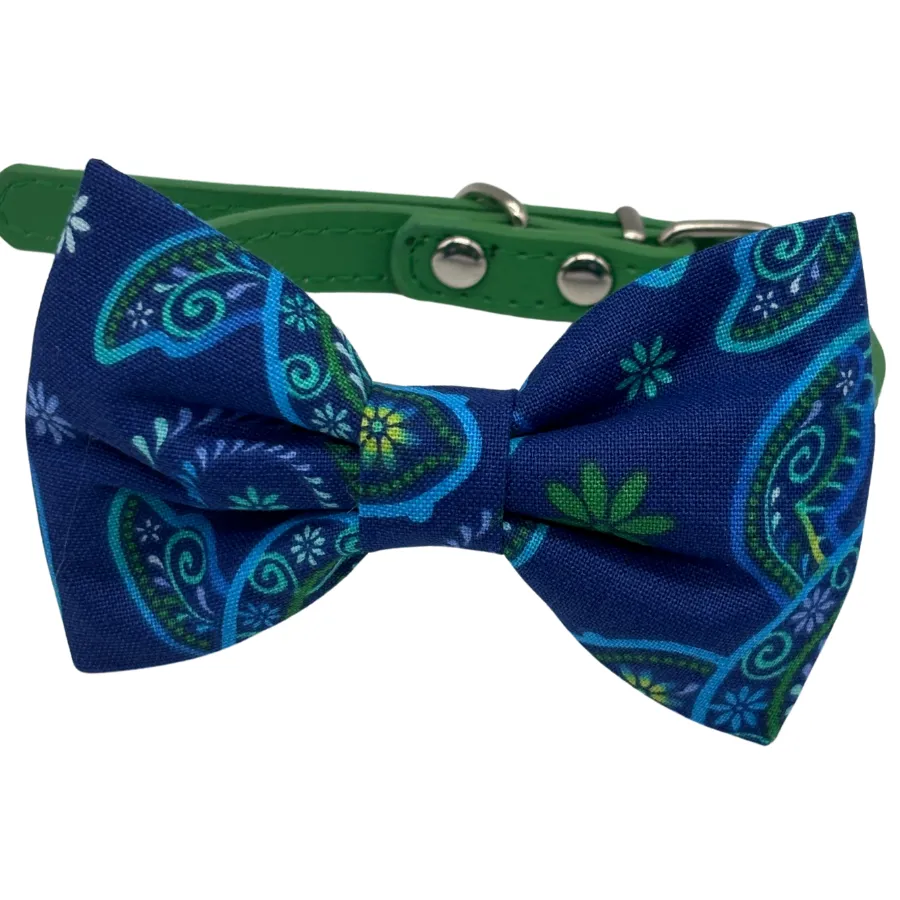 Blue paisley dog collar with bow tie
