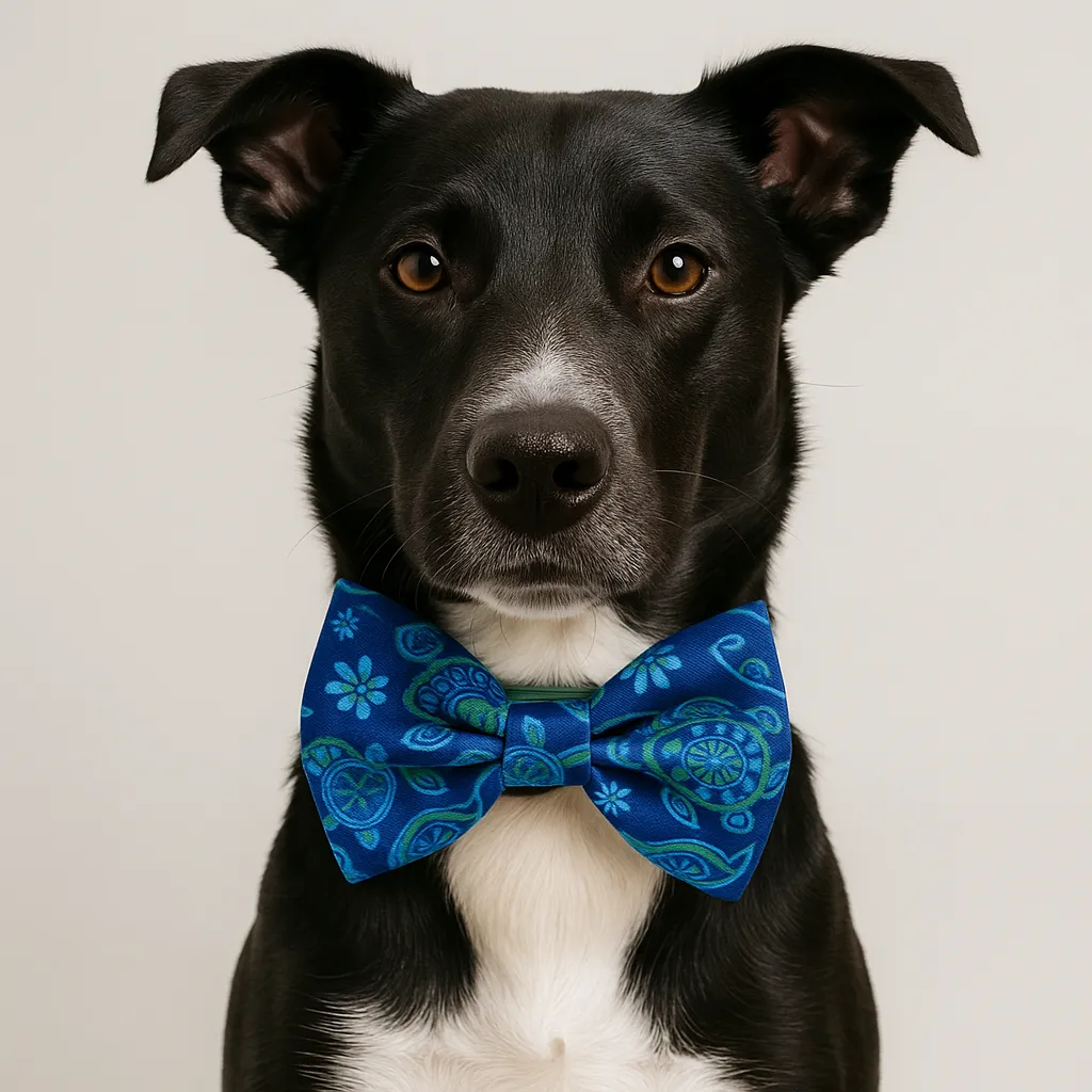 Dog wearing blue bow tie