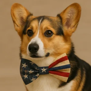 Corgi with American flag bow tie.