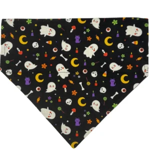 Halloween-themed bandana with ghosts and candy.