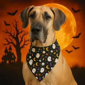 Dog wearing Halloween bandana with spooky background.