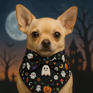 Chihuahua in Halloween-themed bowtie with spooky background.
