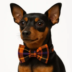 Dog with orange plaid bow tie