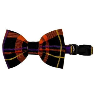 Plaid bowtie with orange, black, gold stripes.