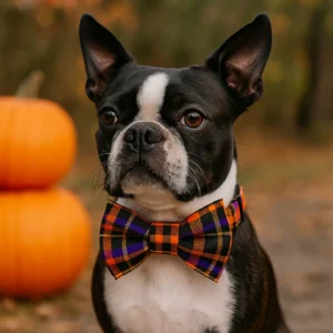 Dog with plaid bow tie, pumpkins in background.
