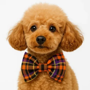 Cute poodle wearing large plaid bow tie.