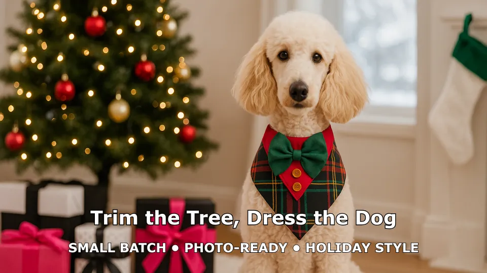 Dog in festive attire by Christmas tree and gifts.