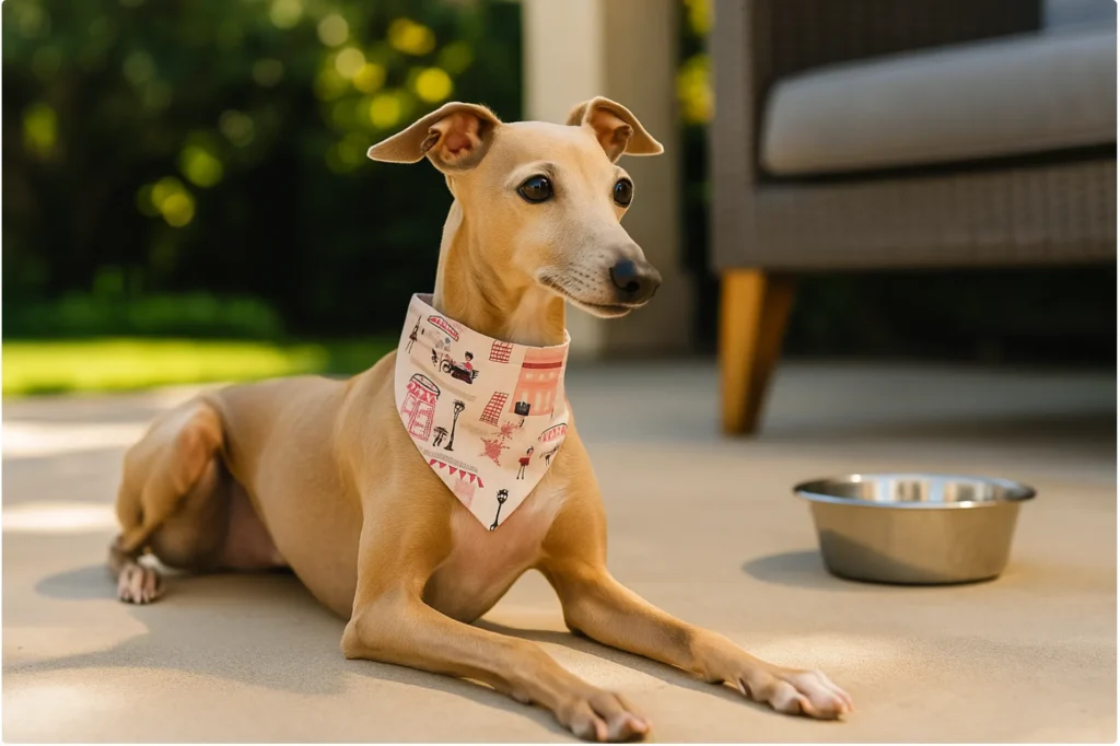 dog colling bandanas1 Dog with bandana lying near empty food bowl.
