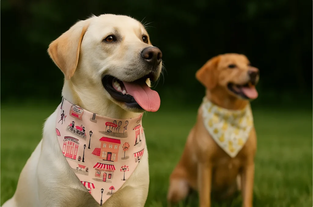 dog cooling bandanas2 Two dogs wearing colorful bandanas on grass