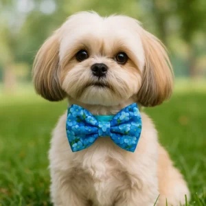 Small dog wearing blue floral bowtie outdoors.