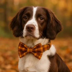 Dog wearing orange plaid bow tie in autumn