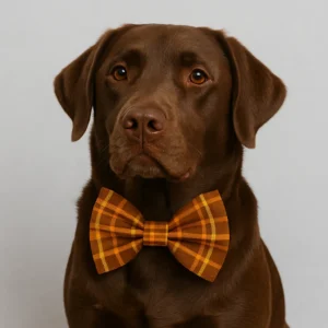 Chocolate Lab wearing an orange plaid bow tie.