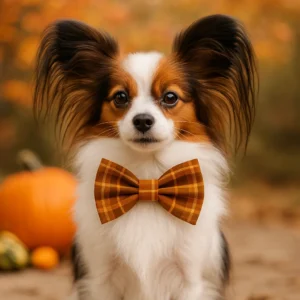 Papillon dog with bow tie in autumn background