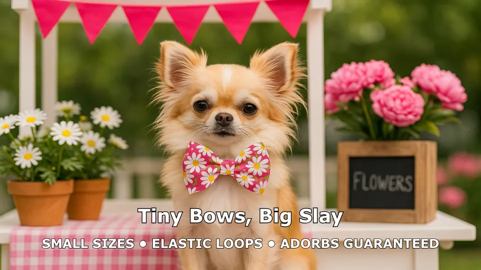 Chihuahua with floral bow tie in garden setting.