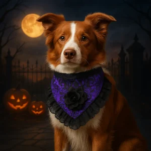 Dog in costume with pumpkins, Halloween theme.