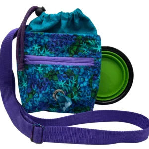 Colorful dog treat bag with collapsible bowl.