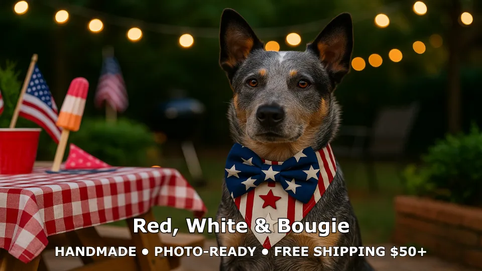 Dog in patriotic bow tie and vest.