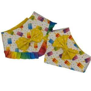 Colorful dog bandanas with ice creams and bows