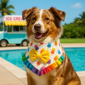 Dog wearing colorful bandana by ice cream truck