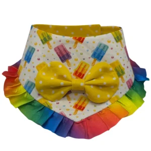 Colorful pet collar with polka dot bowtie.