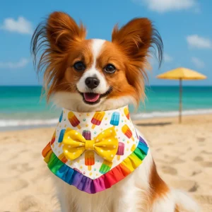 Papillon dog with bowtie on beach, sunny day