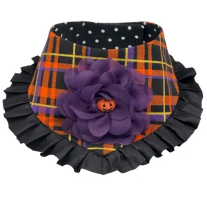 Halloween pet collar with plaid and flower decoration.