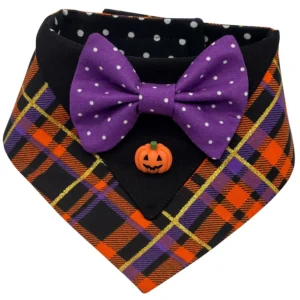 Halloween-themed dog bandana with pumpkin and bow tie.