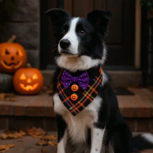 Dog wearing Halloween bandana with pumpkins nearby.