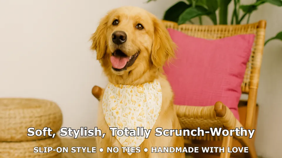 Dog in stylish bandana on chair with pink pillow.