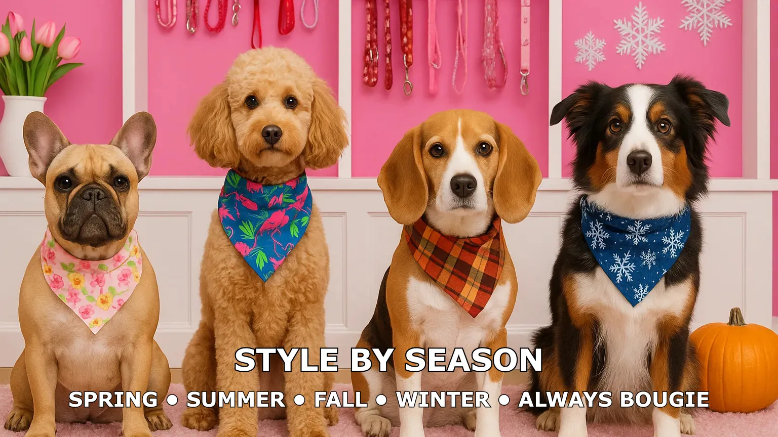 Four dogs in seasonal bandanas, pink background.