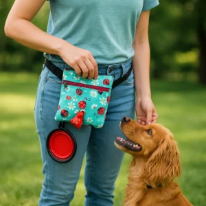 Person with dog, carrying treat bag outdoors.