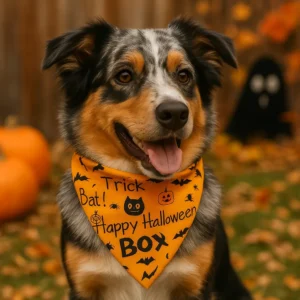 Dog wearing Halloween-themed bandana outdoors.