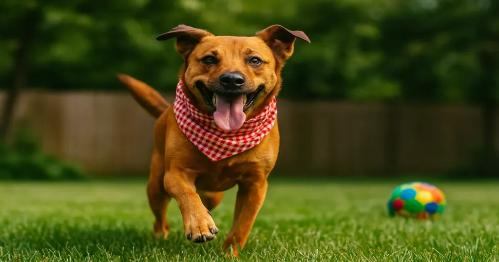 summer pet safety tips every dog parent needs to know 2 Happy dog with bandana playing on grass.