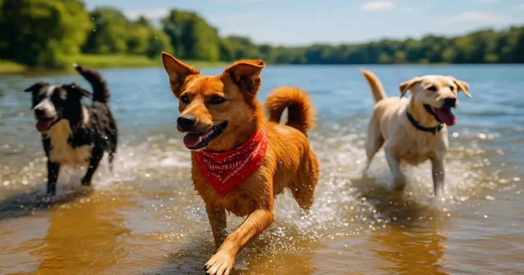 summer pet safety tips every dog parent needs to know 3 Dogs playing in water on a sunny day