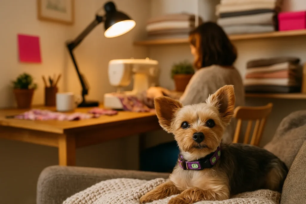 support small pet businesses collar Dog relaxing while person sews fabric in background.