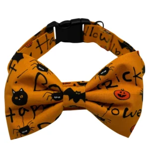 Halloween-themed orange bow tie with cats and bats