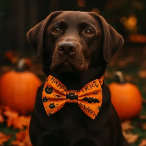 Chocolate labrador in Halloween bow tie with pumpkins.