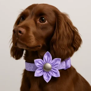 Brown dog with a purple flower collar.