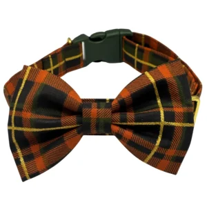 Plaid bow tie with orange and black pattern.