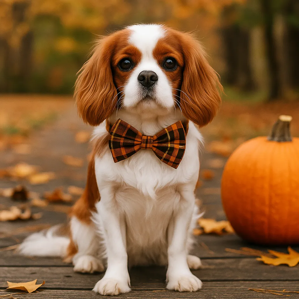 Dog in bowtie with pumpkin, autumn background.