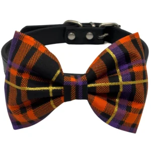 Plaid bowtie dog collar with vibrant colors.