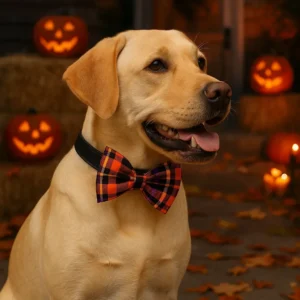 Dog in plaid bow tie with Halloween pumpkins