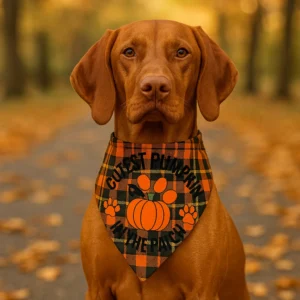 Dog wearing pumpkin bandana in autumn setting.